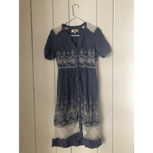Anthropologie Chambray Lace Midi Button Dress